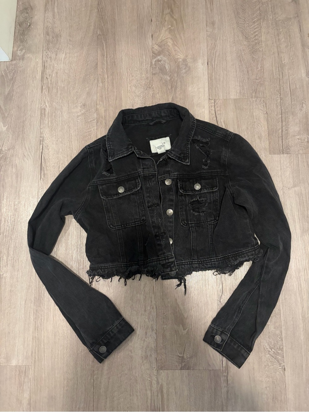 Forever 21 Black Cropped Distressed Denim Jacket